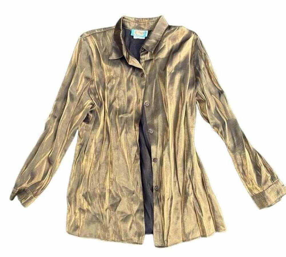 Joan Leslie Metallic Button-Down Shirt Size 12 Gold